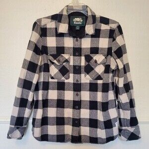Roots Shirt Womens Medium Black White Long Sleeve Flannel Button Up Ladies Sz S